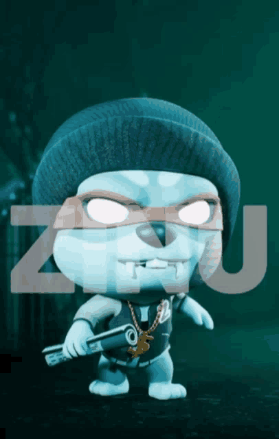a cartoon character wearing a beanie and holding a gun with the letter z in the background