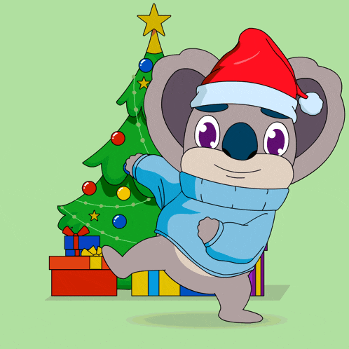 a cartoon koala wearing a santa hat stands in front of a christmas tree and presents