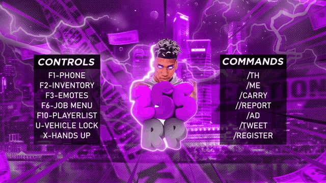 a purple background with controls and commands written in black letters
