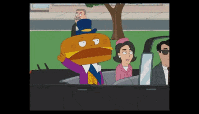 a cartoon of a man in a top hat holding a hamburger in his hand