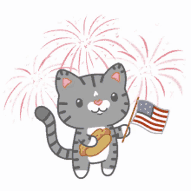 a cat is holding an american flag and a hot dog