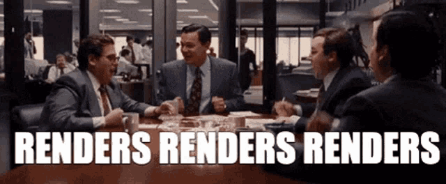 a group of men sitting around a table with the words renders renders renders written on the bottom