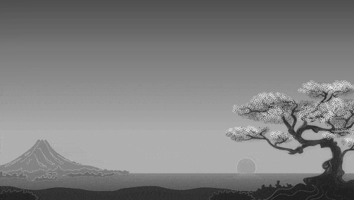 a black and white drawing of a landscape with a tree in the foreground and a mountain in the background