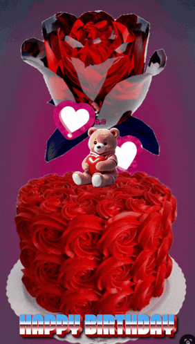 a teddy bear is sitting on top of a birthday cake