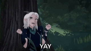 a cartoon girl is standing next to a tree with her hands in the air .
