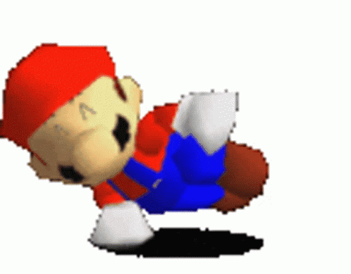 a pixel art of a cartoon character , mario , laying on the ground .