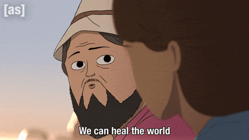 a cartoon of a man with a beard and a woman says we can heal the world