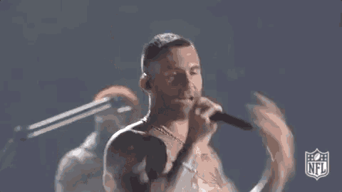 a man is singing into a microphone on a stage .
