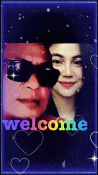 a picture of a man and a woman with the word welcome in the middle