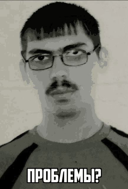 a black and white photo of a man with glasses and a mustache with the caption problems ?