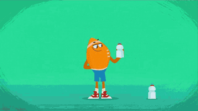 a cartoon character throws a bottle of water in the air