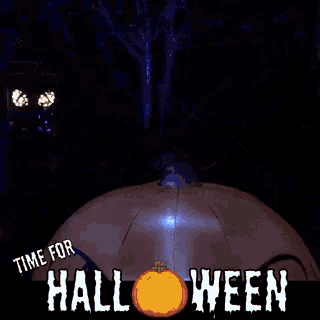 an inflatable jack skellington pumpkin is lit up in the dark and says time for halloween