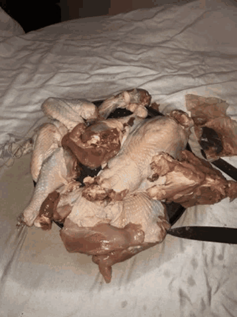 a plate of raw chicken is on a bed with a knife