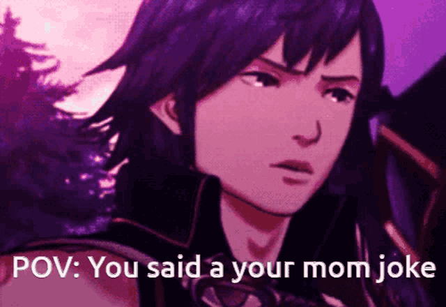 a cartoon of a man with the words pov you said a your mom joke below him