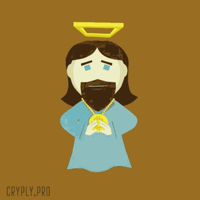 a cartoon drawing of jesus with a halo and a gold necklace