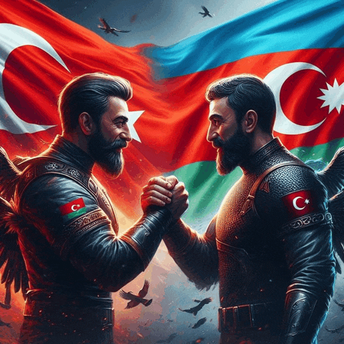a painting of two men shaking hands in front of flags