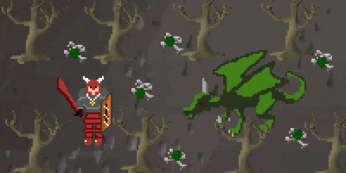 a pixel art drawing of a knight fighting a green dragon