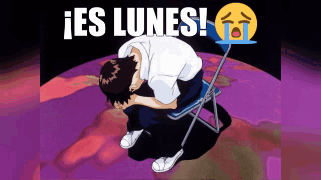 a man is sitting on a chair with his head on his knees and the words " es lunes " behind him