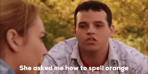 a man is talking to a woman and she asked him how to spell orange
