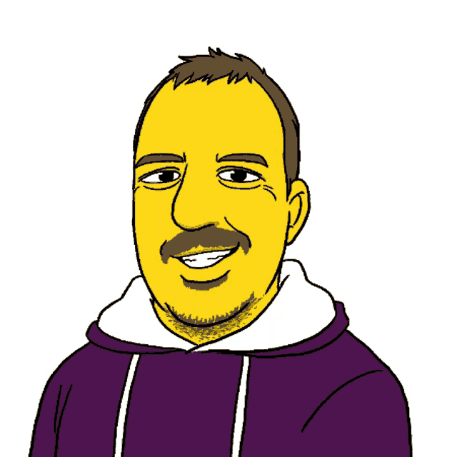 a cartoon drawing of a man with a yellow face and a beard wearing a purple hoodie