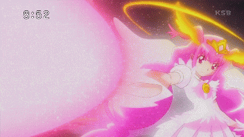 a pink and white animated character with the time of 8:52