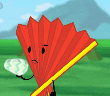 a cartoon drawing of a red fan holding a yellow stick