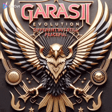 a poster for garasi evolution different but still peaceful with a golden eagle