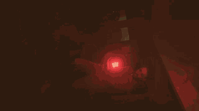 a man in a red adidas jacket is standing in a dark room