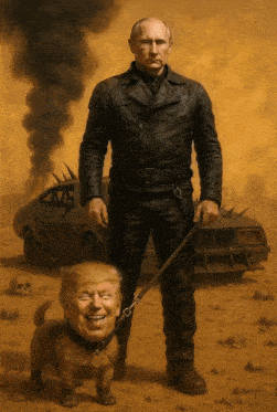 a painting of a man walking a dog with a trump head on the leash