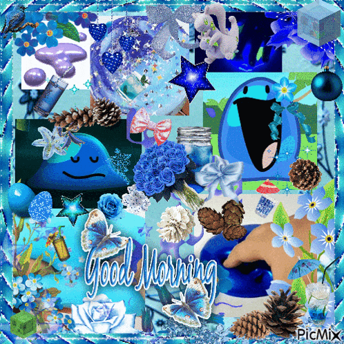 a collage of blue images with the words good morning