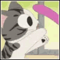 a cartoon cat is standing next to a pink object and looking at it .
