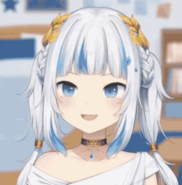 a girl with white hair and blue highlights is wearing a choker