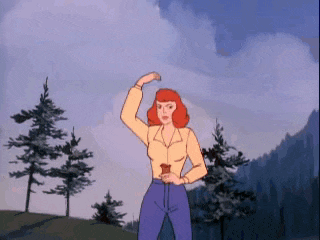 a cartoon of a woman standing in front of a forest holding a bottle .