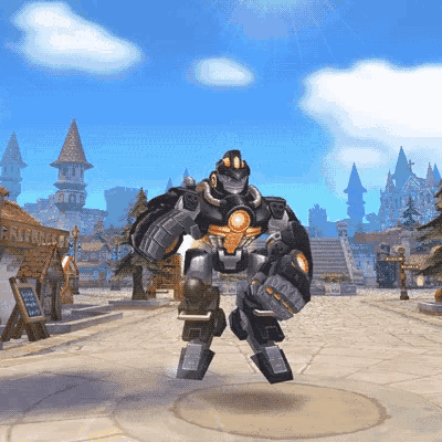 a robot in a video game is standing in a circle in front of a castle