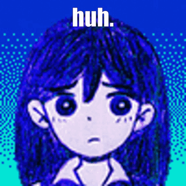a drawing of a girl with blue hair and the words huh on top