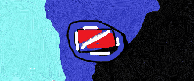 a drawing of a blue and red circle with white lines