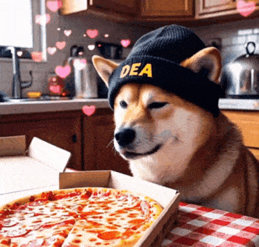 a dog wearing a dea hat looks at a pizza box