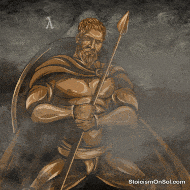 a statue of a man holding a spear with stoicismonsol.com written on the bottom