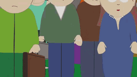 a group of cartoon characters standing next to each other with one holding a briefcase