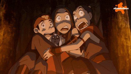 a group of cartoon characters are hugging with a nickelodeon logo in the corner