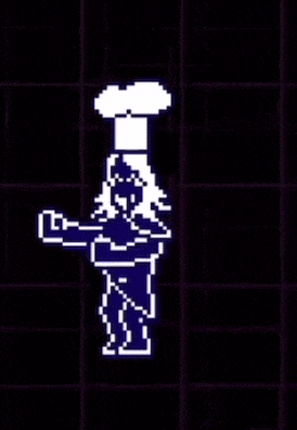 a pixel art of a woman wearing a chef 's hat is dancing .