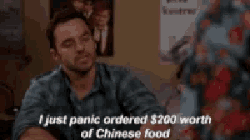 a man sits at a table and says i just panic ordered 200 worth of chinese food