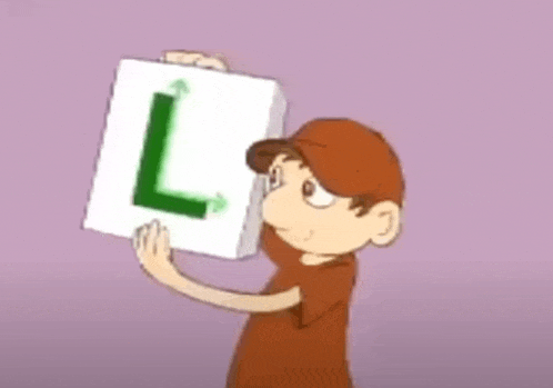 a cartoon boy is holding a sign with the letter l on it
