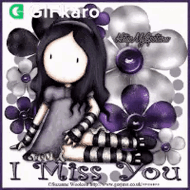 a cartoon girl is sitting in front of purple flowers and says i miss you