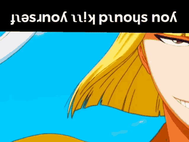 a close up of a cartoon character with the words " you should kill yourself " on the top
