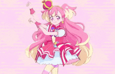 a girl with long pink hair and a crown on her head is dancing .