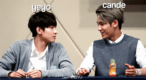 two young men sitting next to each other with the words yeyo and cande written on the bottom