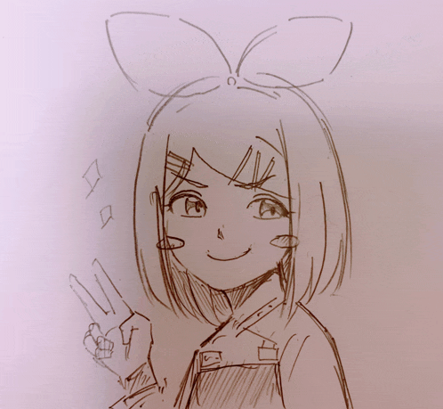 a drawing of a girl with a bow in her hair giving the peace sign