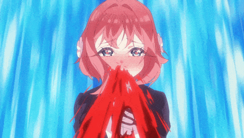 a girl with pink hair is holding a red cloth in front of her mouth