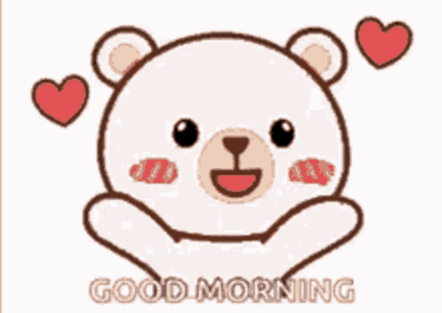 a white teddy bear with two red hearts and the words `` good morning '' behind it .